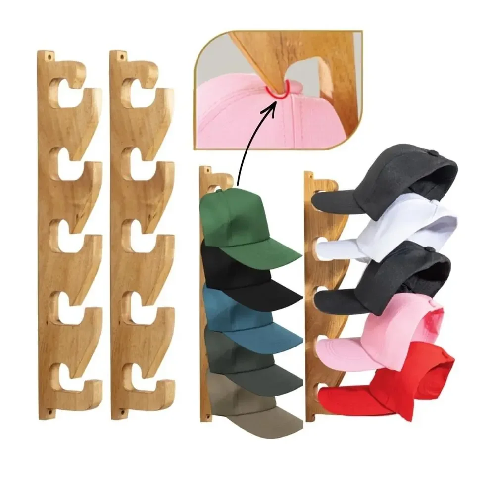 2PCS Acacia Wood Hat Organizer Wall Mount Hat Rack for Baseball Caps Vertical